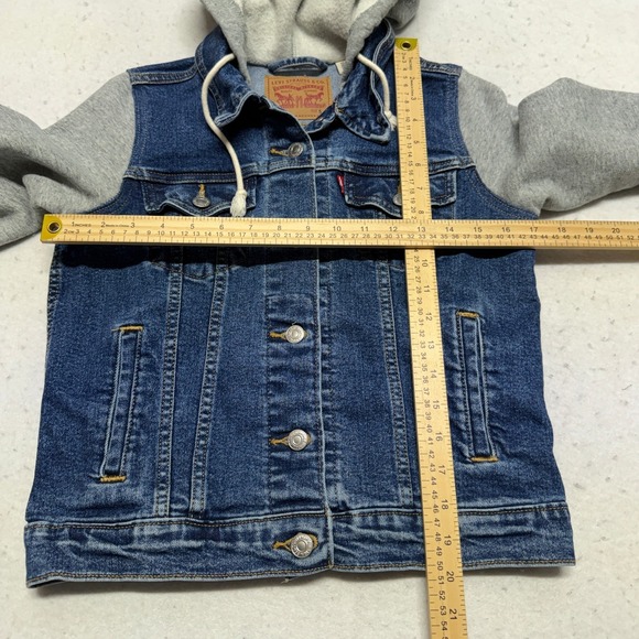 Levi Denim Trucker Jacket Hoodie Gray Sweatshirt Sleeves Women's Small Classic - Picture 13 of 16